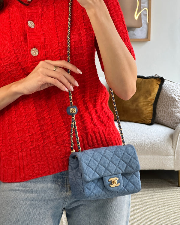 *HOT* Chanel Coco Crush Mini Square Flap Bag in Denim with Brushed Gold Hardware