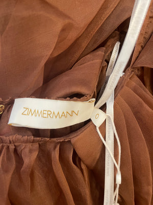 Zimmermann Brown Sheer Ruffled Top with Back Detail Size 0 (UK 6/8) RRP £690