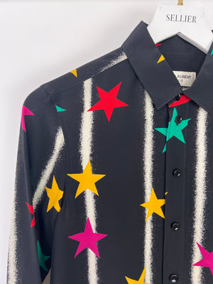 Saint Laurent Black Long-sleeve Silk Shirt With Multicolour Star Print Size FR 36 (UK 8)