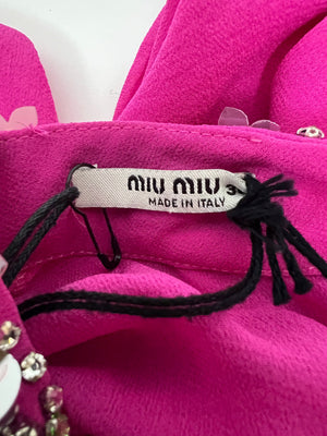 Miu Miu Fuchsia Long Sleeve Pleated Mini Dress with Embellished Neck Detail Size IT 38 (UK 6)