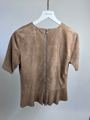 Brunello Cucinelli Nude Suede Short Sleeve Panelled Top with Zip Detail IT 42 (UK 10)