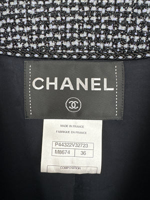 Chanel Black 
Grey Metallic Tweed Curved Hem Jacket with Ruthenium CC Button Detail FR 36 (UK 8)