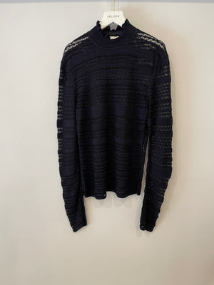 Chloé Navy Lace Long-Sleeve Wool Jumper with Ruffle-Neck Detailing Size FR 38 (UK 10)