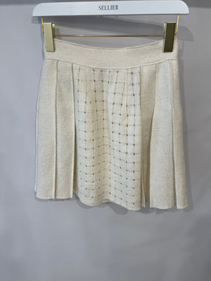 Ermanno Scervino Cream Linen Perforated Mini Pleated Skirt Size IT 38 ( UK 6)