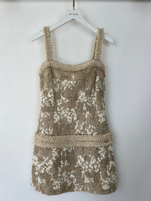 Chanel Gold, White Tweed Mini Dress with Shoulder Straps and Braided Appliqué Waist Belt Detail Size FR 36 (UK 8)