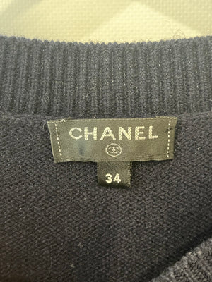 Chanel Navy and White Striped Long-Sleeve Cashmere Mini Dress with CC Logo Button Detail Size FR 34 (UK 6)