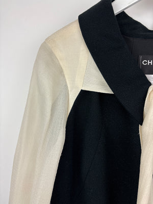 Chanel Black Midi Dress With Cream Silk Chiffon Sleeves and Neck Tie With Shimmer Detail Size FR 40 (UK 12)