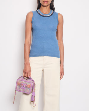 Chanel Blue Ribbed Knit Sleeveless Top With Red, White 
Blue Tweed Embroidered Trim and CC Button Detail FR 36 (UK 8)