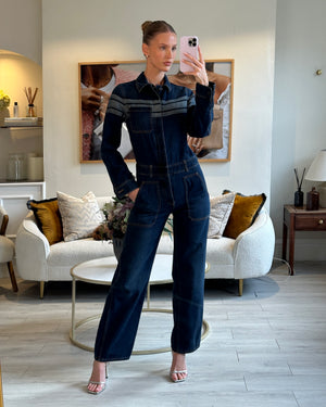 Christian Dior Dark Wash Long Sleeve Denim Jumpsuit with Stripe and Logo Detail Size FR 34 (UK 6)