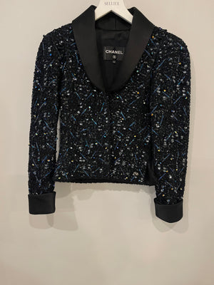 *HOT* Chanel Black and Blue Sequin Embellished Jacket with Satin Collar Detail Size FR 34 (UK 6)