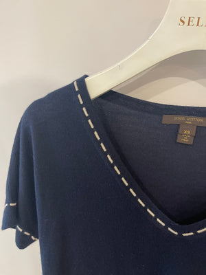 Louis Vuitton Navy Cashmere V-Neck Top with Cream Stitching Details Size XS (UK 6)