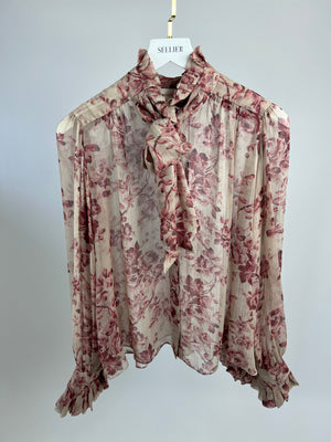 Zimmermann Pink Rose Silk Ruched Collar Shirt with Tie Detail IT 44 (UK 12)