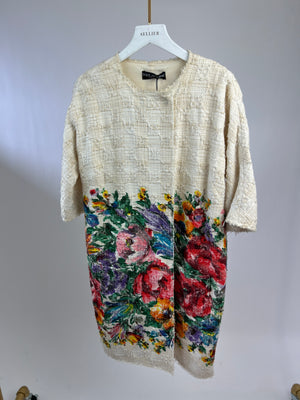 Dolce 
Gabbana Cream Tweed Short Sleeve Long Jacket With Floral Print Detail Size IT 38 (UK 6)