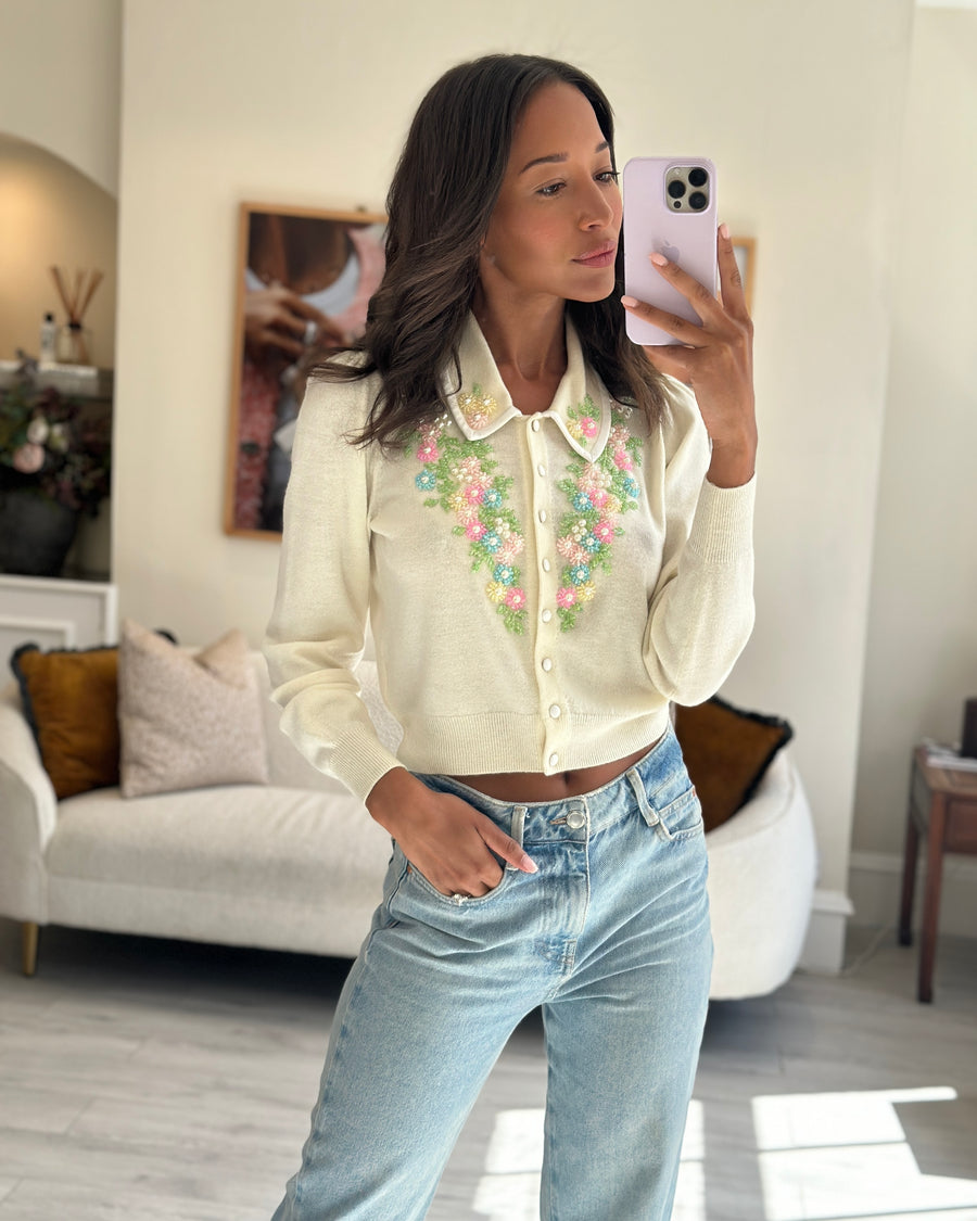 LoveShackFancy Cream Floral Embroidered Button Down Cardigan FR 36 (UK 8)