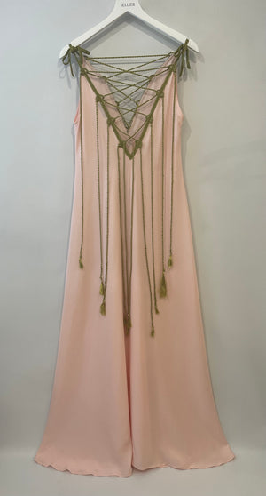 My Beachy Side Baby Pink Maxi Dress with Green Rope Details Size S (UK 8)