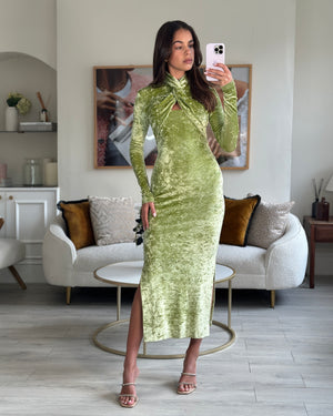 Nanushka Sage Green Franci Long Sleeve Crushed Velvet Maxi Dress Size XS (UK 6) RRP £575