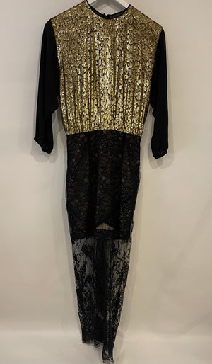 Alessandra Rich Black Gold Metallic Long Sleeve Gown with Lace Detail Size M (UK 10)