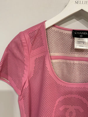 Chanel Pink Lambskin Leather Perforated Short-Sleeve Tunic Top with CC Logo Size FR 36 (UK 8)