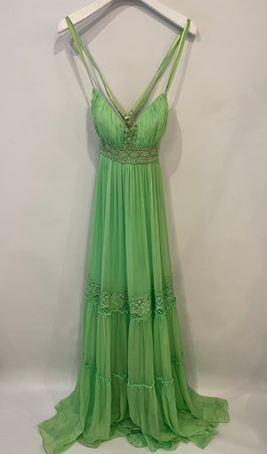 *GIANNI VERSACE ARCHIVE* Versace Vintage Green Maxi Sleeveless Dress 1969 with Crochet Detail Size IT 40 (UK 8)