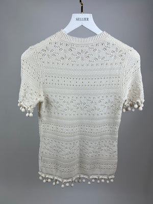 Zimmermann Cream Crochet Short Sleeve Top with Pom Pom Hem Size 1 (UK 10)