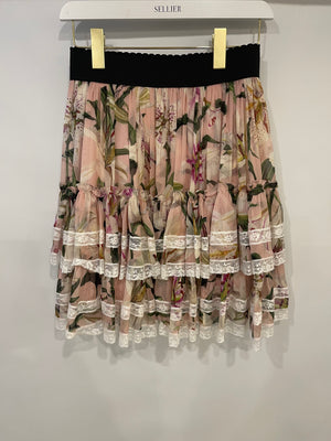 Dolce 
Gabbana Pink Multicolour Floral Printed Mini Ruffle Skirt with Lace Detail Size IT 38 (UK 6)