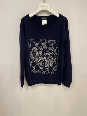 Chanel Navy Cashmere Long-Sleeve Jumper with White CC Logo Embroidery Size FR 38 (UK 10)