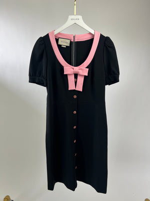 Gucci Black Short-Sleeve Dress with Pink Bow Trim, Crystal Detail Size L (10-12)