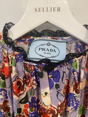 Prada Purple 
Red Floral Long Sleeve Maxi Dress with Belt Detail Size IT 40 (UK 8)