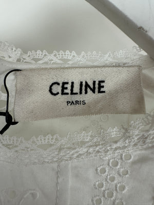 Celine White Long-Sleeve Sheer Blouse with Triomphe Logo Detail Size FR 36 (UK 8)