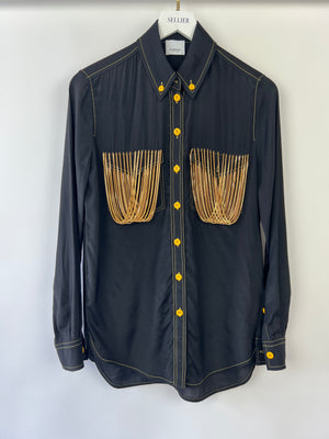 Burberry Black Satin Shirt with Gold Chain Embellishment on the Chest Pockets and Yellow Buttons Size UK 4