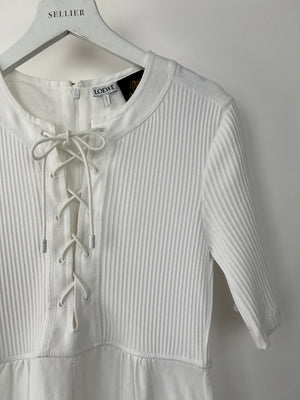 Loewe X Paula
s Ibiza White Mid-Sleeve Ribbed Midi Dress with Pockets and Neck Tie Detail FR 38 (UK 10)