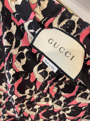 Gucci Pink and Black Silk Bulldog Printed Trousers Size IT 42 (UK 10)