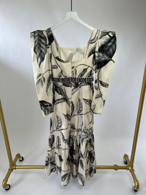 Johanna Ortiz Cream and Green Floral Print Maxi Dress with Belt Size US 8 (UK 12)