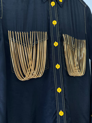 Burberry Black Satin Shirt with Gold Chain Embellishment on the Chest Pockets and Yellow Buttons Size UK 4