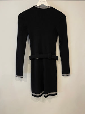 Chanel 22C Dubai Black 
White Belted Knit Dress with Button Detail Size FR 36 (UK 8)