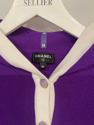 Chanel Cruise 2024 Purple Cashmere Short Sleeve Hooded Mini Dress with Crystal Multicolour CC Buttons Detail Size FR 36 (UK 8)