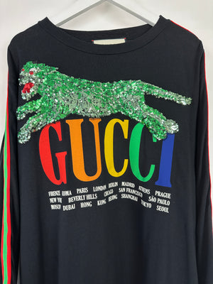 Gucci Navy Long Sleeve Cities Oversized Sweatshirt with Sequin Tiger Detail Size XS (UK 6)