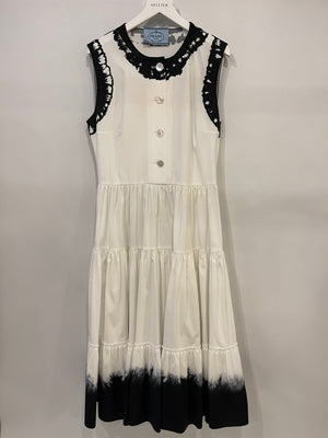 Prada White Maxi Popeline Sleeveless Belted Dress with Black Tie-Dye Details Size IT 42 (UK 10)