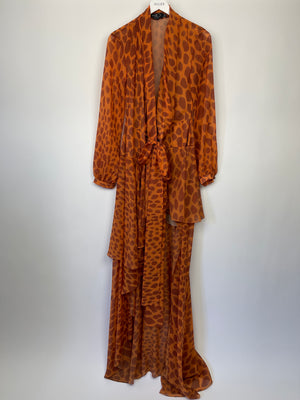 Pat Bo Giraffe Printed Orange 
Brown Ruffled Wrap Around Gown Size Small (UK 8)