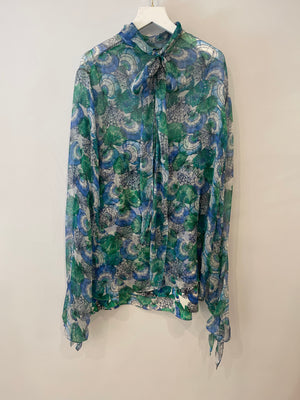 Emilio Pucci Green and Blue Printed Silk Blouse with Matching Under Top and Ribbon Detail Size IT 44 (UK 12)