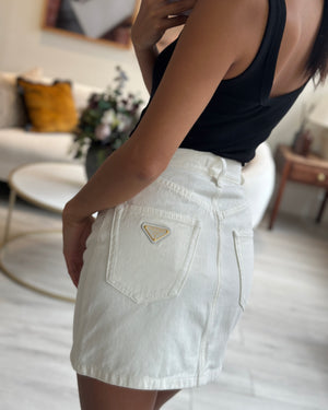 Prada White Denim Mini Skirt With Back Pocket Logo Detail Size IT 36 (UK 4)