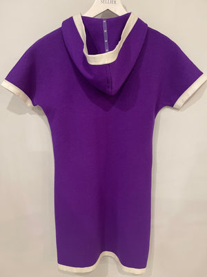 Chanel Cruise 2024 Purple Cashmere Short Sleeve Hooded Mini Dress with Crystal Multicolour CC Buttons Detail Size FR 36 (UK 8)