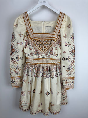 Ulla Johnson Cream Long Sleeve Mini Dress with Multi-Colour Cross Stitch Detail Size UK 8