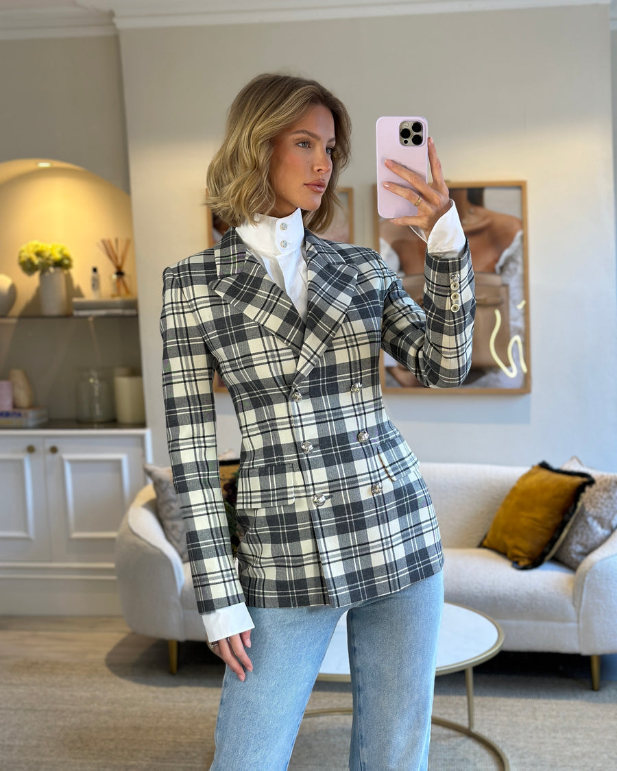 Ermanno Scervino Grey and White Wool Checkered Blazer Jacket with Silver Button Detail IT 40 (UK 8)