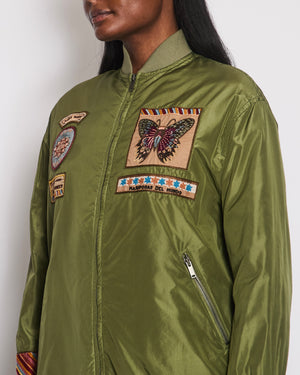 Valentino Khaki Long Line Bomber Jacket with Butterfly Beaded Embroidery Size IT 40 (UK 8)