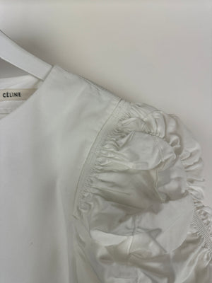 Celine White Cotton Poplin Short Sleeve Shirt With Ruching Detail Size FR 40 (UK 12)