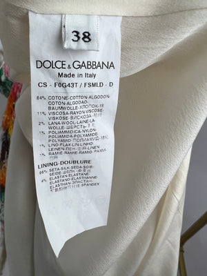 Dolce 
Gabbana Cream Tweed Short Sleeve Long Jacket With Floral Print Detail Size IT 38 (UK 6)