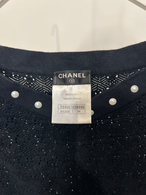 Chanel Navy Crochet Vest Top with Pearl Trim and Front Pocket Detail FR 34 (UK 6)