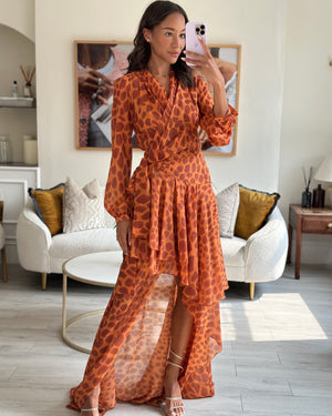 Pat Bo Giraffe Printed Orange 
Brown Ruffled Wrap Around Gown Size Small (UK 8)