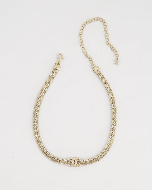 *HOT* Chanel Chain Choker Necklace in Champagne Gold with Crystal CC Logo